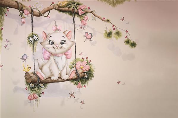 پوستر دیواری کودک گربه و شاخه درخت نقاشی جذاب