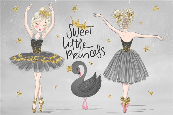 کاغذ دیواری اتاق کودک پرنسسی زمینه طوسی طلایی