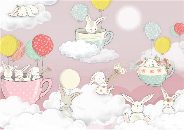 پوستر دیواری کودکانه خرگوش با طرح آسمان و ابر و زمینه صورتی