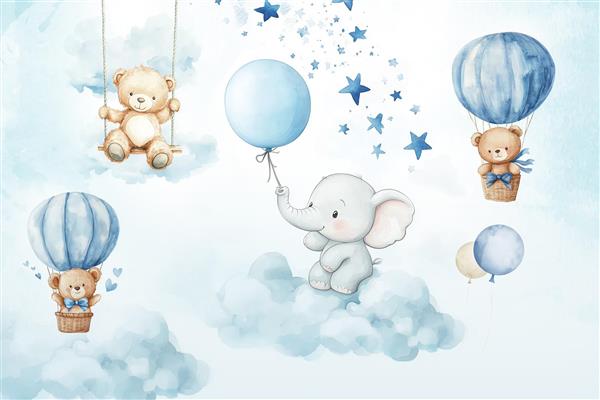پوستر دیواری اتاق کودک فیل با زمینه آبی جذاب