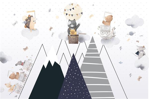 پوستر دیواری کودکانه زمینه ساده و کوه فانتزی