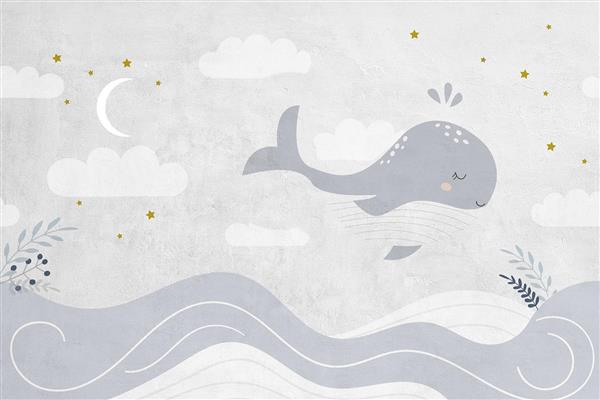 پوستر دیواری رویایی وال و دریا با زمینه آسمان و ابر با رنگ زمینه طوسی