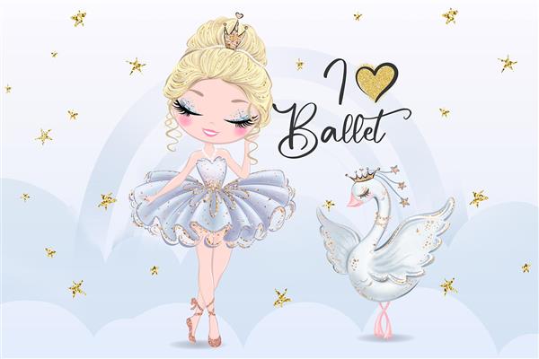 پوستر دیواری پرنسس و قو با زمینه جذاب پاستلی آبی روشن مخصوص دکور اتاق کودک