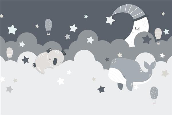 پوستر دیواری ماه و ستاره با زمینه طوسی تیره و طوسی روشن