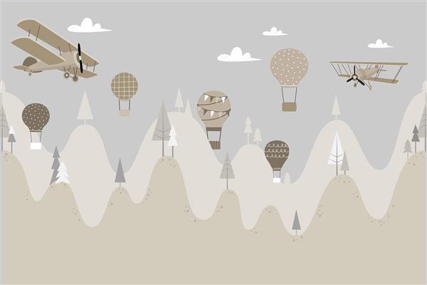 پوستر دیواری کودک زیبا و مینیمال با طراحی بالن و کوه زمینه طوسی کرم