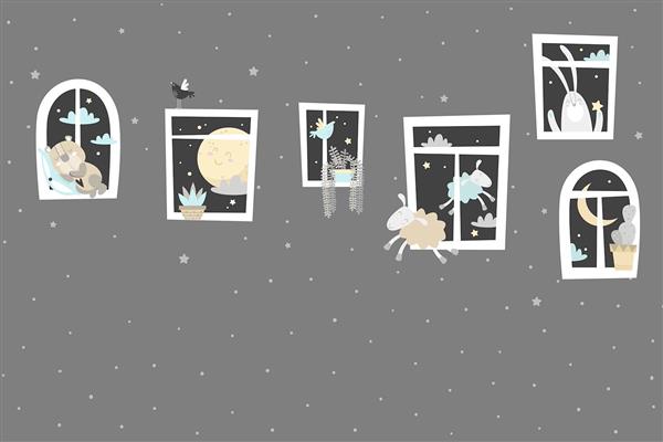 پوستر دیواری کودکانه فانتزی خرس ، تدی و گوسفند ناز با ماه و زمینه طوسی