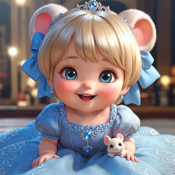 تصویر چهره کلوزآپ کودک پرنسس موش با لباس و پاپیون آبی برای چاپ نوزادی