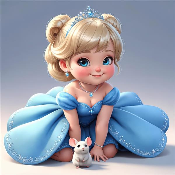 پرنسس کارتونی نشسته با موش سفید و لباس مجلسی آبی برای دکور اتاق نوزاد