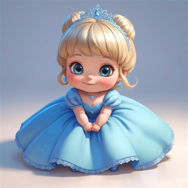 تصویر کلوزآپ کودک پرنسس با لباس آبی و تاج نشسته با دست‌های به هم گره‌خورده