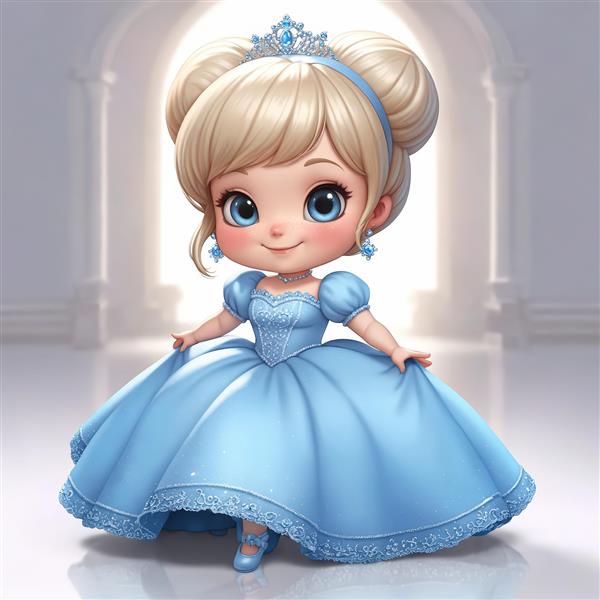 تصویر پرنسس کارتونی با لباس رقص آبی و تاج الماس در سالن مجلل و نورانی