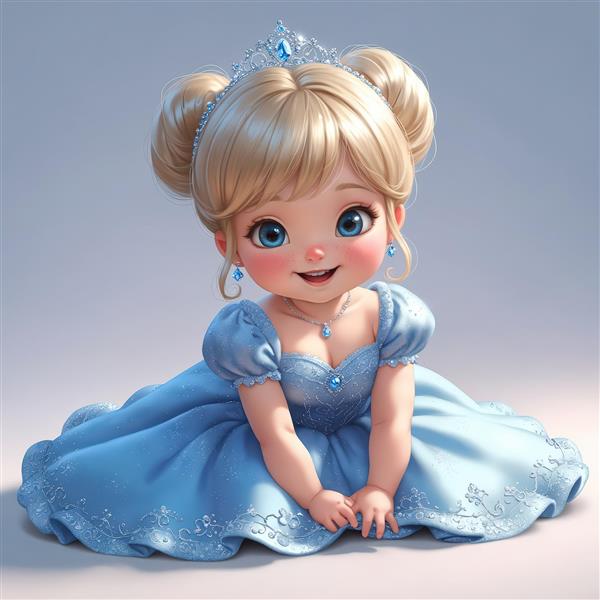 تصویر کودک پرنسس با موی گوجه‌ای در حال نشستن با لبخند و لباس آبی سیندرلایی