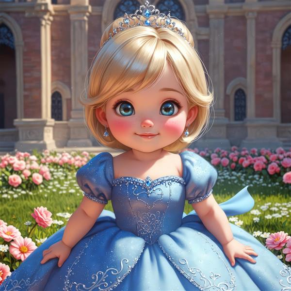 پرنسس کارتونی با لباس آبی و موی کوتاه در میان باغ گل‌های صورتی قصر برای چاپ دکوراتیو
