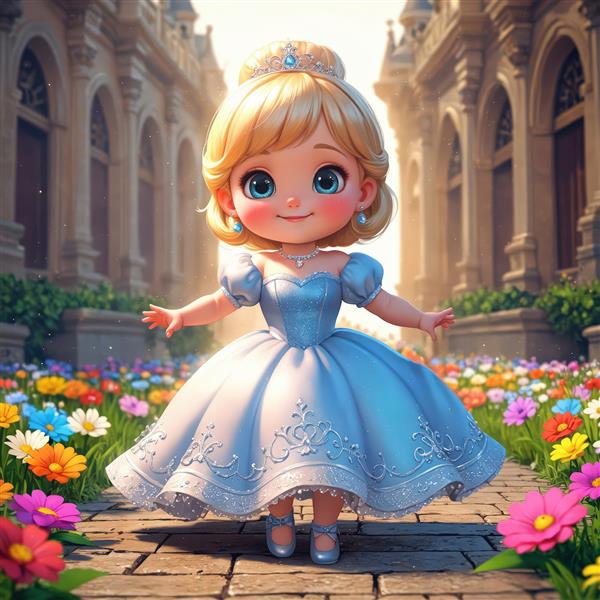 تصویر پرنسس کارتونی با موهای کوتاه و لباس آبی در باغ پرگل رنگارنگ قصر