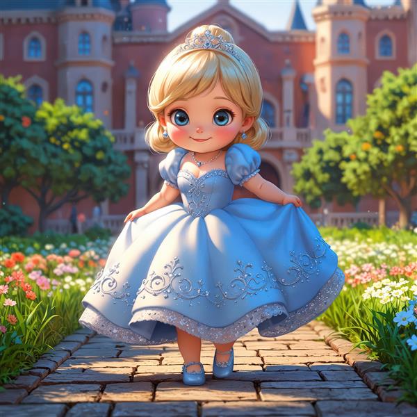 پرنسس کارتونی با لباس آبی در باغ قصر آجری و مسیر سنگ‌فرش برای پوستر کودکانه