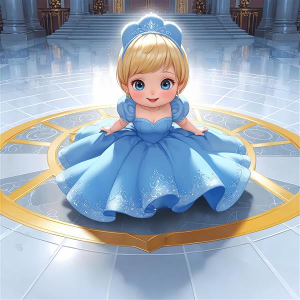 تصویر پرنسس کارتونی با لباس آبی و تاج پیش‌بندی در سالن رقص قصر با دکور طلایی