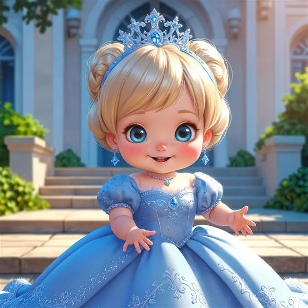تصویر پرنسس کارتونی با موی گوجه‌ای و تاج آبی در ورودی قصر برای چاپ دکوراتیو
