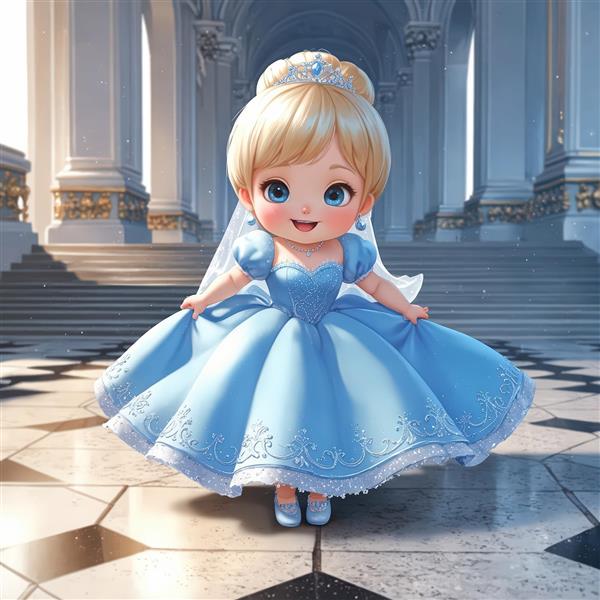 پرنسس کارتونی با موهای گوجه‌ای و لباس آبی در مقابل ستون‌های قصر و نخل‌ها