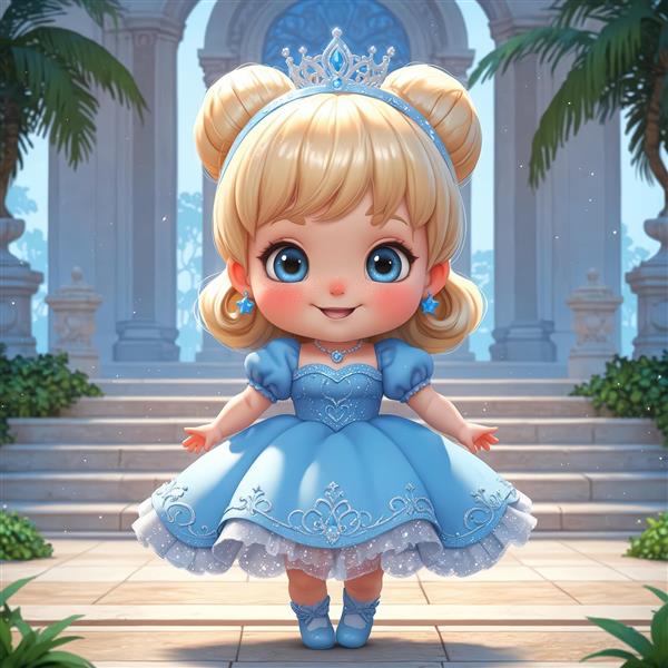 پرنسس کارتونی با موهای دم اسبی و لباس رقص آبی برای دکور اتاق دخترانه