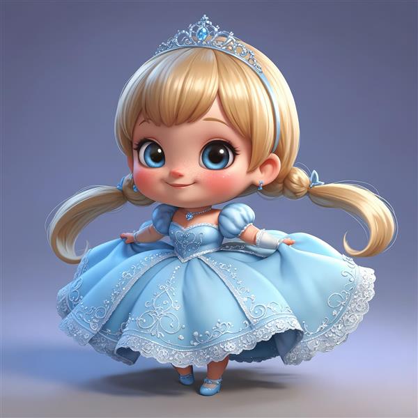 پرنسس کارتونی با لباس آبی بلند و دنباله‌دار برای چاپ پوستر دکوراتیو کودک