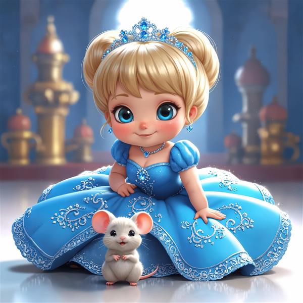 پرنسس کارتونی مو بلند با لباس مجلسی آبی و پس‌زمینه ساده مناسب برش و طراحی