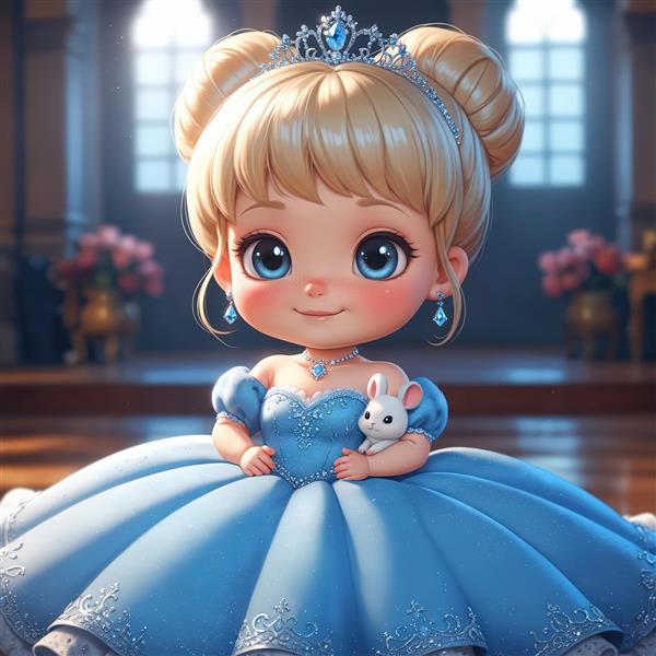 تصویر پرنسس کارتونی با مدل موی گوجه‌ای و لباس آبی نشسته در سالن مجلل قصر