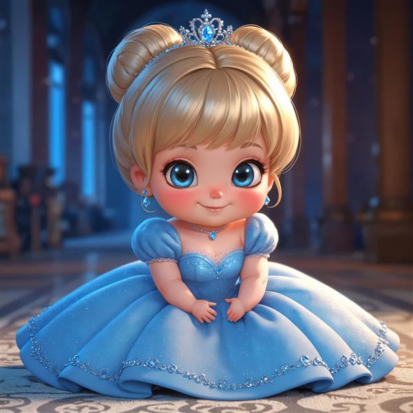 تصویر کودک پرنسس در حال چهار دست و پا با لباس آبی در سالن رقص قصر (سیندرلایی)