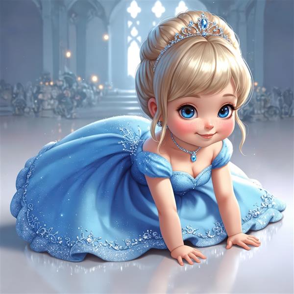 تصویر کلوزآپ کودک پرنسس موش با لباس مجلسی آبی و پس‌زمینه ستاره‌ای (جشن)