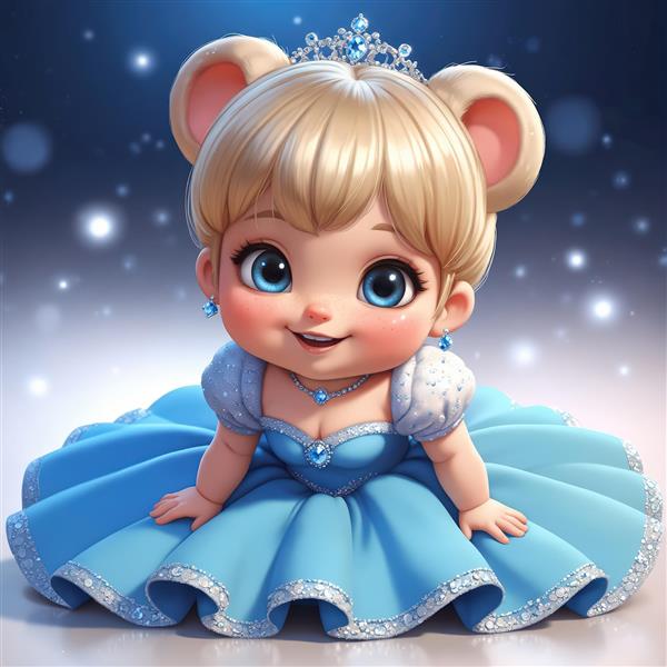 تصویر کلوزآپ کودک پرنسس موش با لباس مجلسی آبی و پس‌زمینه ستاره‌ای (جشن)