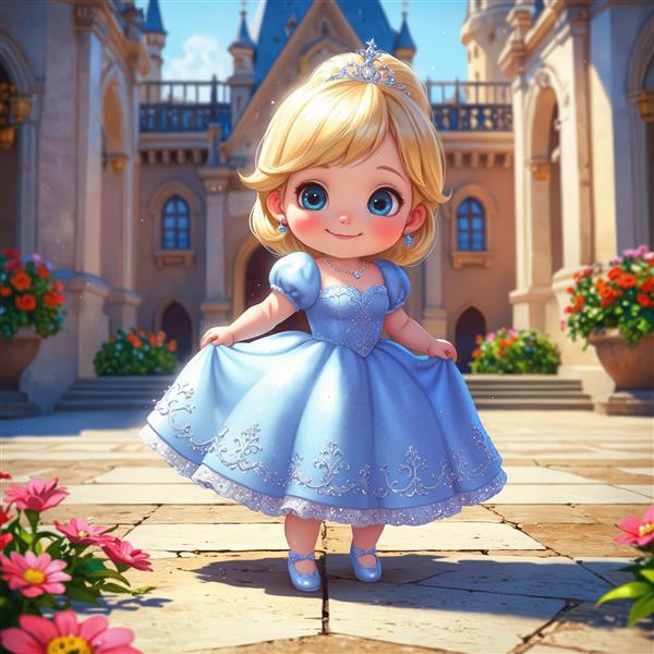 پرنسس کارتونی در حال رقص در باغ قصر با گلهای صورتی و قرمز مناسب چاپ کودکانه