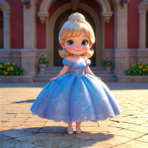 تصویر پرنسس کارتونی در لباس آبی پرنسسی در محوطه قصر با بنای آجری و فضای سبز