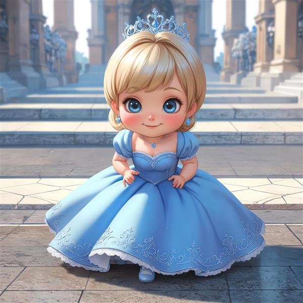 پرنسس کارتونی بامزه در حال نشستن با لباس آبی سیندرلایی در محوطه بیرونی قصر
