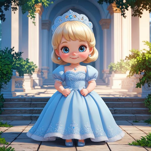 تصویر پرنسس کارتونی با لباس بلند آبی در ورودی سنگی قصر و فضای سبز برای تابلو