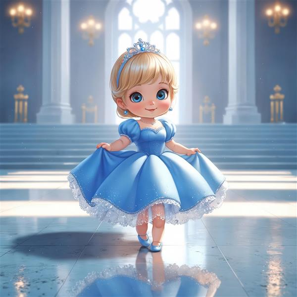 پرنسس کارتونی با لباس رقص آبی در سالن مجلل قصر با انعکاس نور برای چاپ پوستر