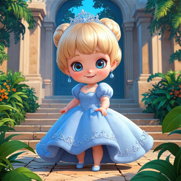 پرنسس کارتونی با موهای مدل گوجه‌ای در باغ سرسبز قصر مناسب چاپ عریض دکوراتیو