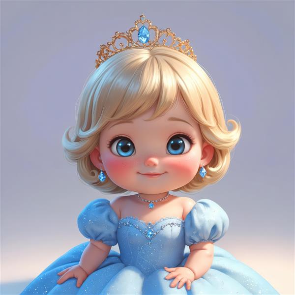 تصویر چهره کلوزآپ پرنسس کارتونی بامزه با تاج طلایی و لباس آبی برای دکور اتاق دخترانه