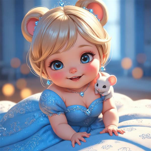 تصویر کودک پرنسس بامزه با گوش‌های موش و موش سفید در آغوشش مناسب تابلو کودک