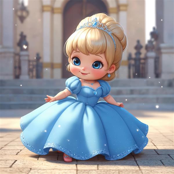 عکس پرنسس کارتونی سیندرلایی با لباس آبی و تاج در محوطه قصر برای چاپ پوستر