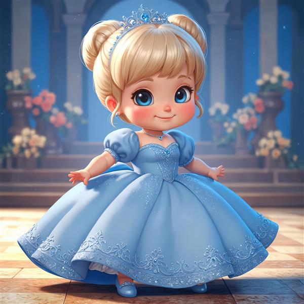 پرنسس کارتونی آماده رقص در سالن قصر با دکوراسیون گل