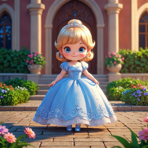 تصویر پرنسس با لباس فاخر در حیاط قصر با پله‌ها و فضای سبز