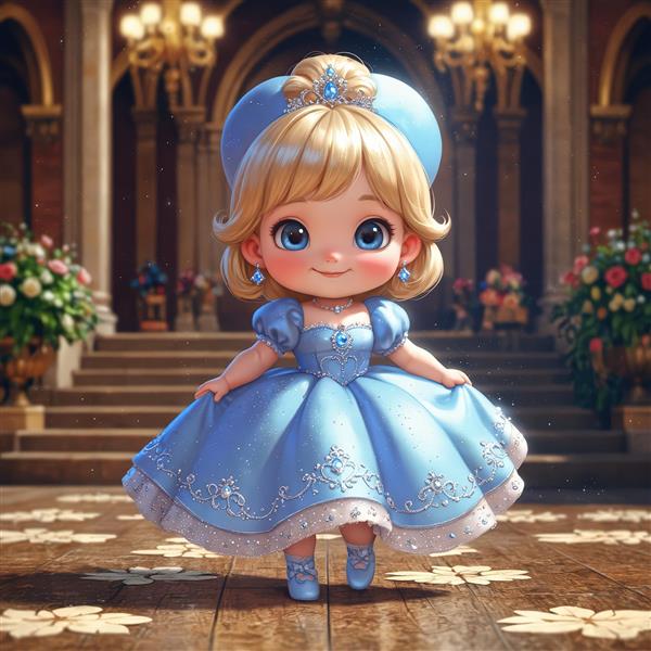 مجسمه پرنسس کارتونی در مقابل پله‌های مجلل قصر و لوسترهای طلایی