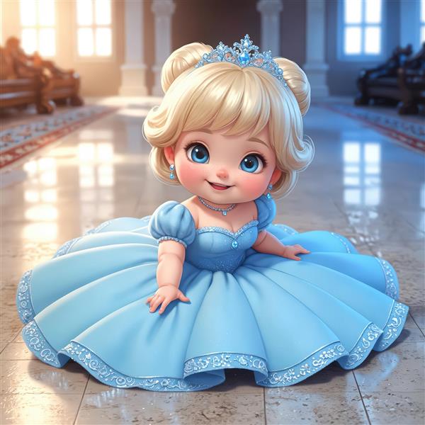 کودک پرنسس خندان نشسته در سالن رقص قصر با فرش قرمز