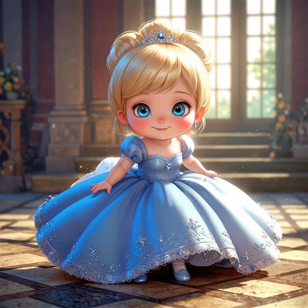 مجسمه پرنسس با لباس آبی در ورودی قصر با کف‌پوش شطرنجی