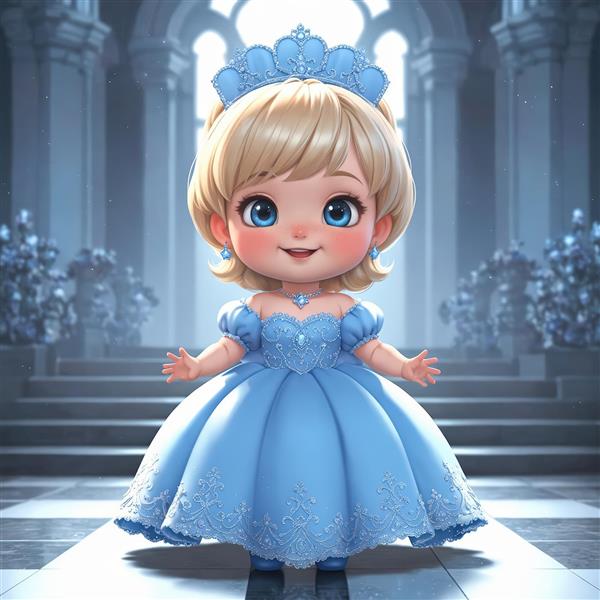 پرنسس کیوت با لباس آبی و تاج کریستالی در سالن یخی قصر