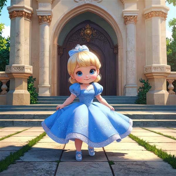 کودک پرنسس خندان در مسیر ورودی قصر زیر نور آفتاب