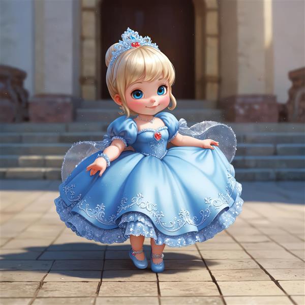 کودک پرنسس با دامن پف‌دار و بال‌های پری روی سکوی سنگی قصر