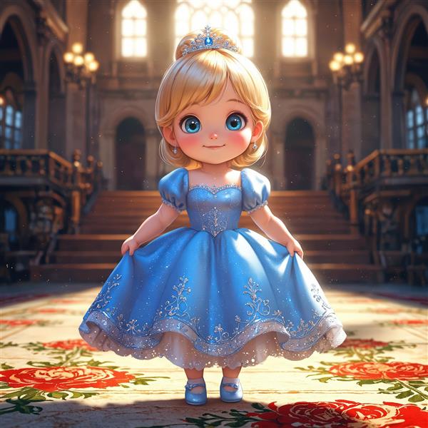 تصویر پرنسس سیندرلا در سالن قصر با فرش گل رز و پله‌های چوبی