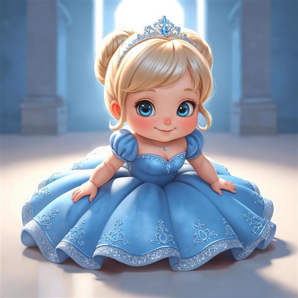 پرنسس نشسته با دامن پف‌دار روی زمین مرمری در سالن مجلل