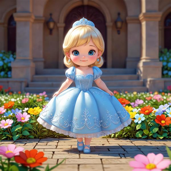 کودک پرنسس با لباس آبی در حال قدم زدن میان گل‌های رنگی قصر