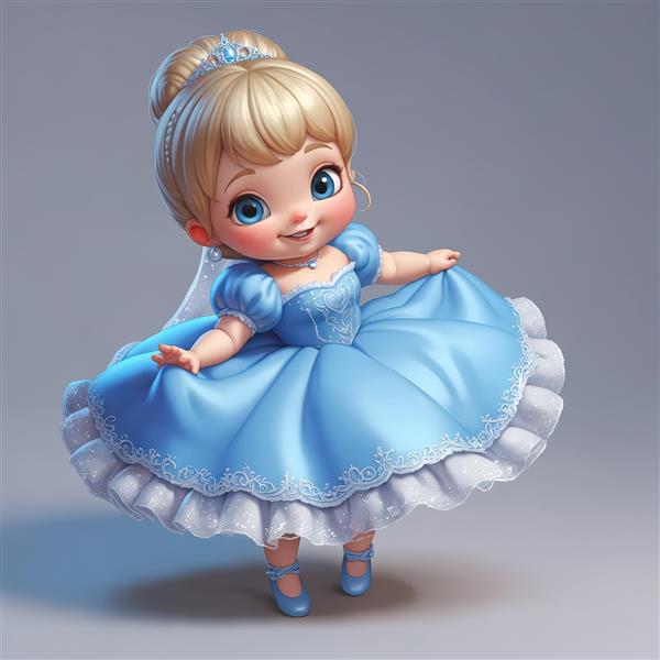 کارتون پرنسس شاد با موی جمع شده در حال چرخش و رقصیدن