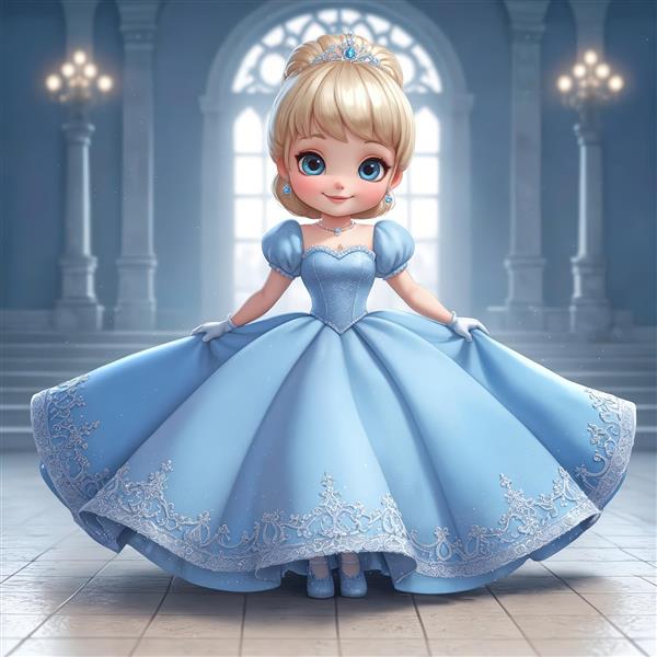 پرنسس کیوت با دامن عریض و دستکش‌های سفید در سالن قصر